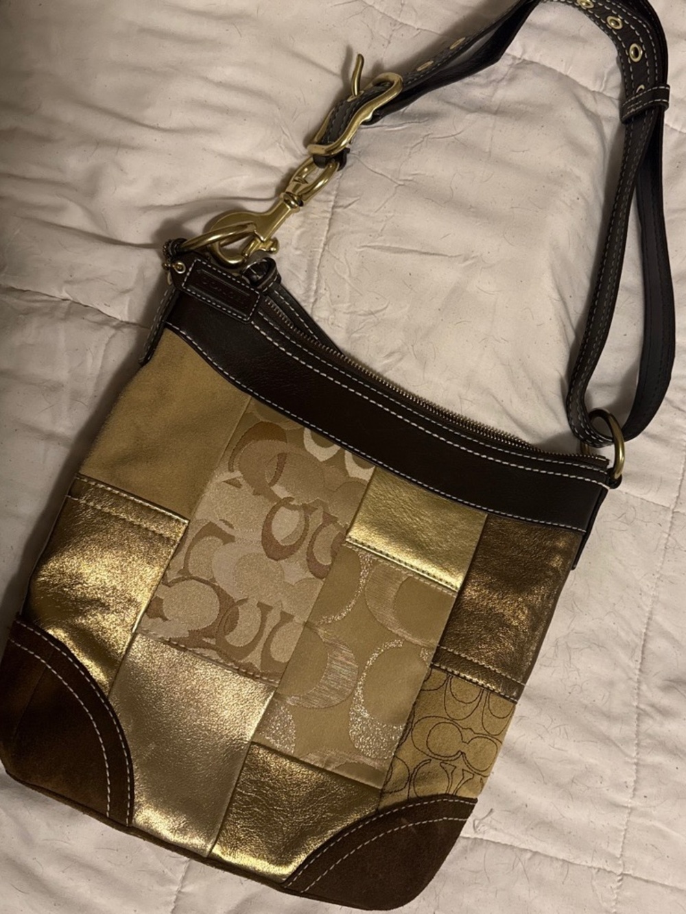 Coach Signature C Gold Patchwork Hobo/Crossbody Bag (Style F10387)